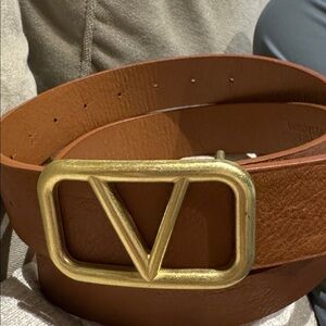 brown real leatherette Belt with Gold V Buckle logo  unisex